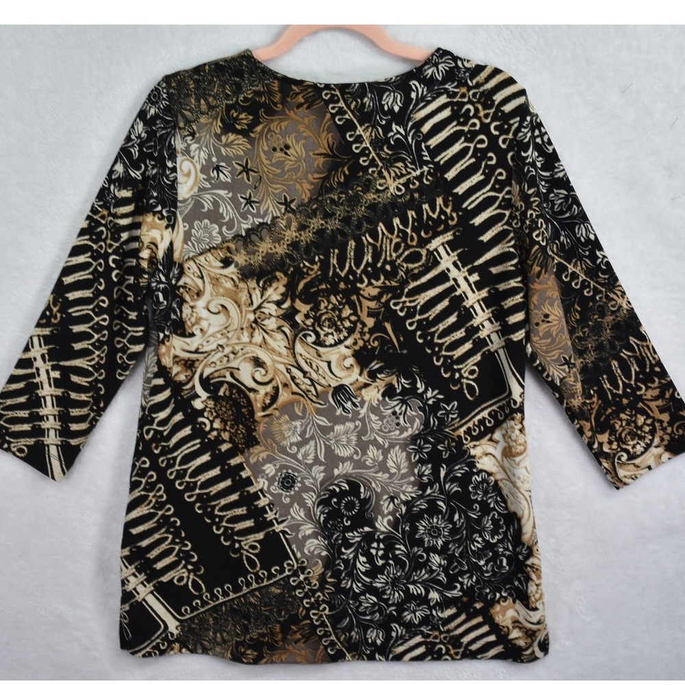 Easywear by Chico's Top Women M Chicos 1 Black Mixed Print V-Neck 3/4 - Picture 7 of 7